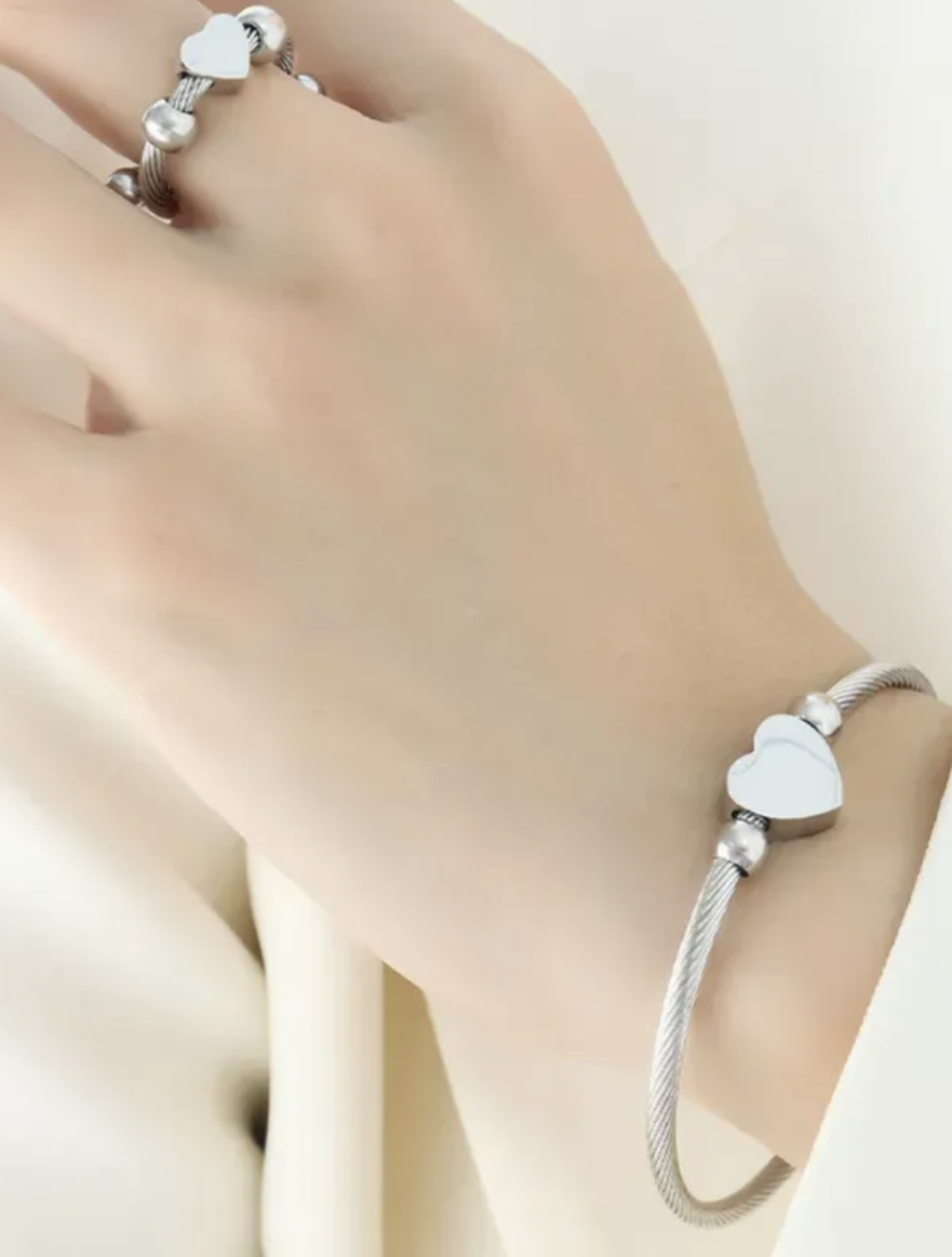 Bangle and ring set both with heart. (Gold or Silver) – Nylram Jewelry ...
