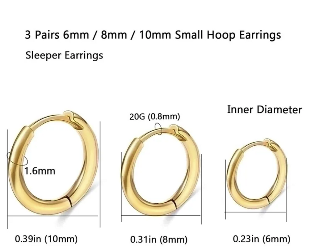 SMALL HOOP EARRINGS (6mm / 8mm / 10mm) 3 pairs